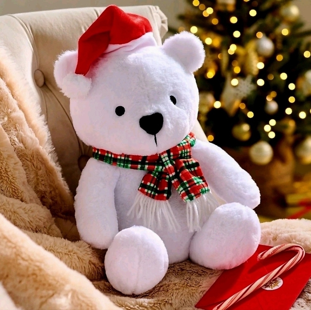 American Greetings 12" White Plush Teddy Bear Christmas Santa toy/ decor NWT